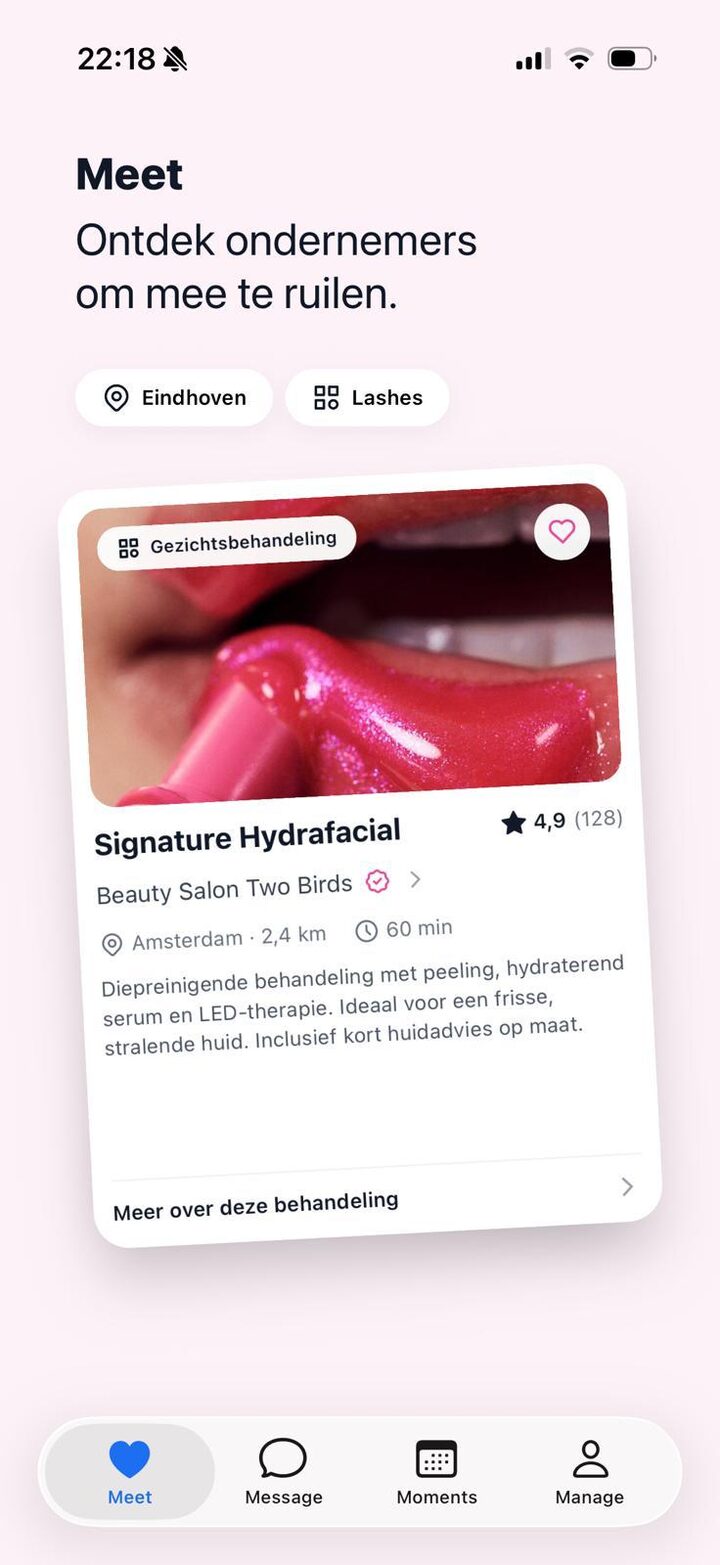 Het Meet-scherm van de BARTERESS-app: ontdek ondernemers om mee te ruilen